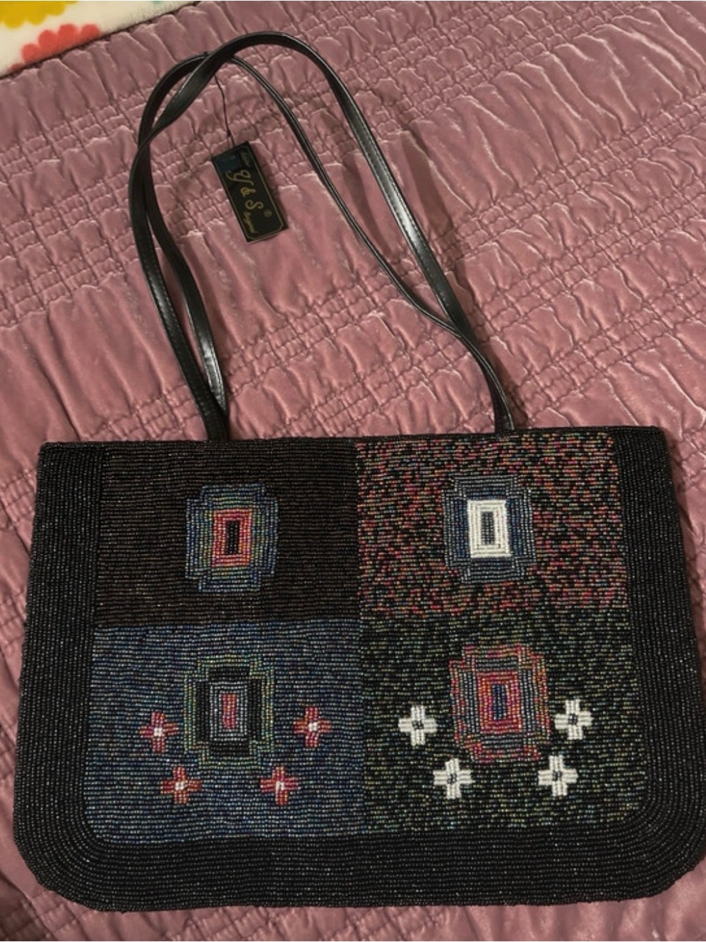 Beaded Geometric Patchwork Shoulder Bag - Black Multi